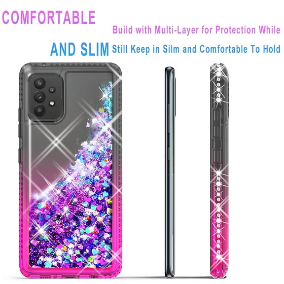 Samsung Galaxy A72 5G Case, [Not fit for Samsung Galaxy A32/ Galaxy A52], Liquid Floating Glitter Quicksand Bling with Spot Diamond Cover - Black/Pink