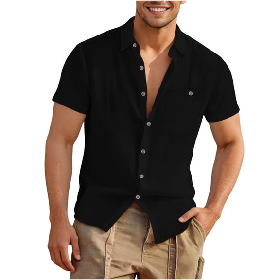 Yaoyar Mens Linen Short Sleeve Shirts Cotton Casual Lightweight Button Down Shirt Beach Vacation Summer Tops with Pocket