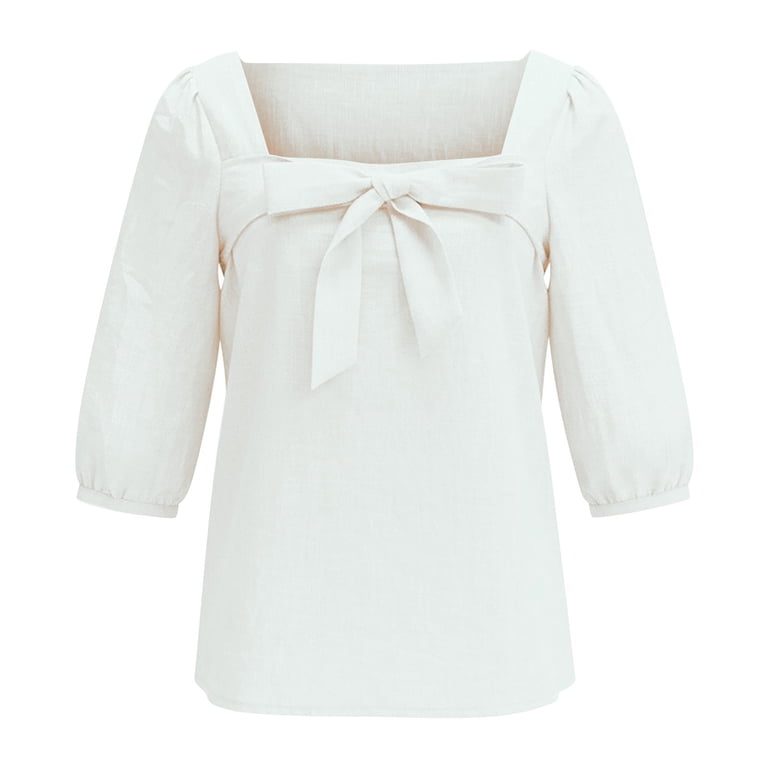 Women's Cotton Linen Square Neck Bow Knot Decor 3/4 Puff Sleeve