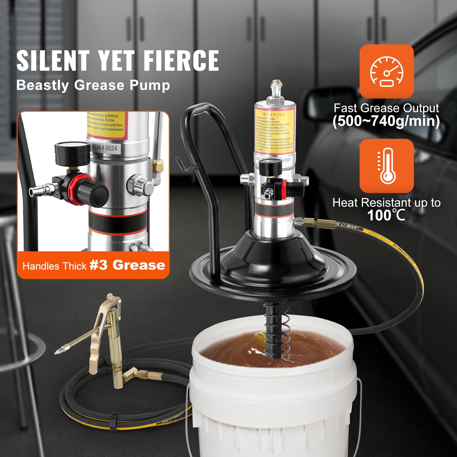 KFFKFF Grease Pump Air Operated Grease Pump 0.6-0.8Mpa 13 ft Hose with Barrel Cap