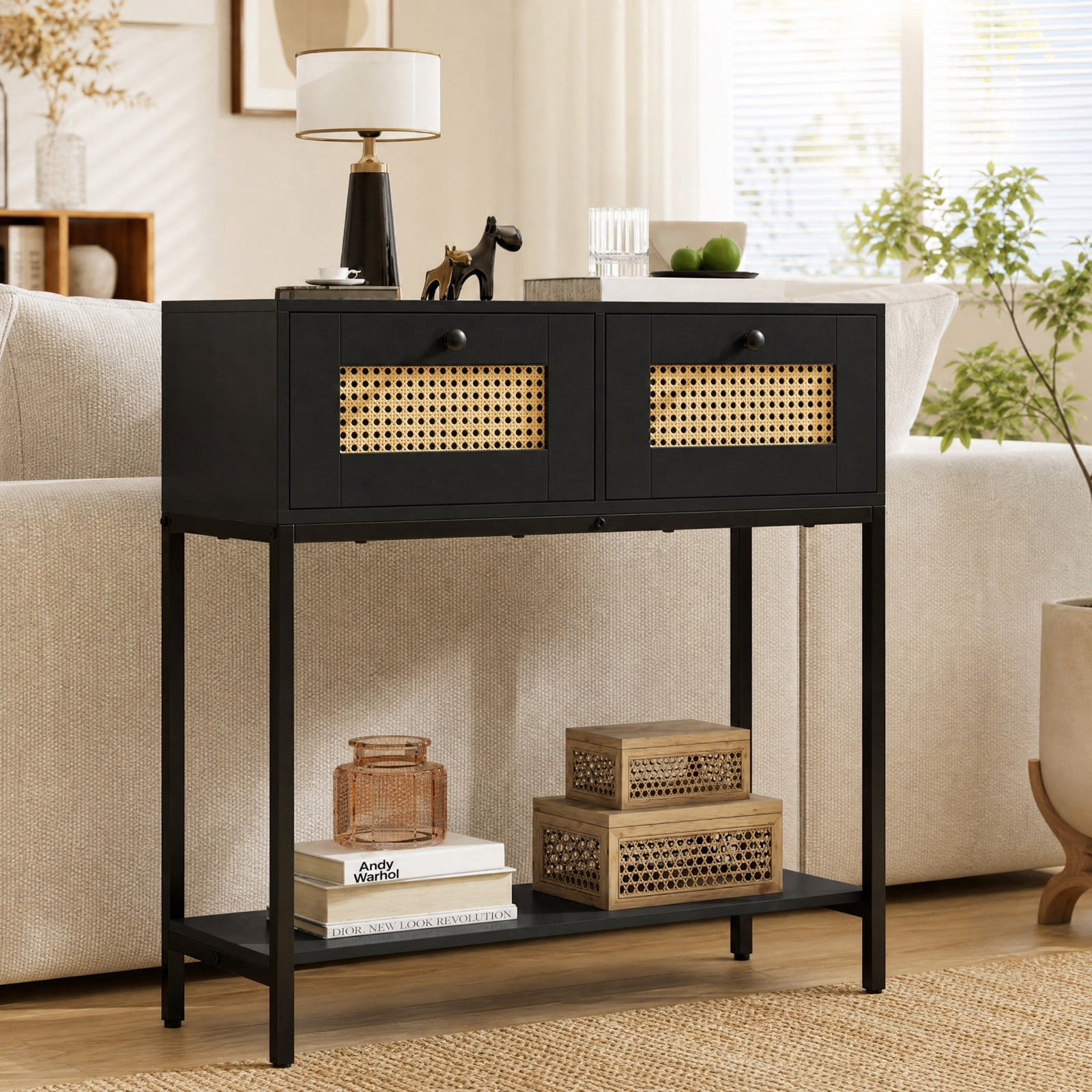 Furnibear Rattan Console Table Boho Entryway Table with 2 Rattan Drawers and Open Storage Shelf for Hallway Living Room, Black