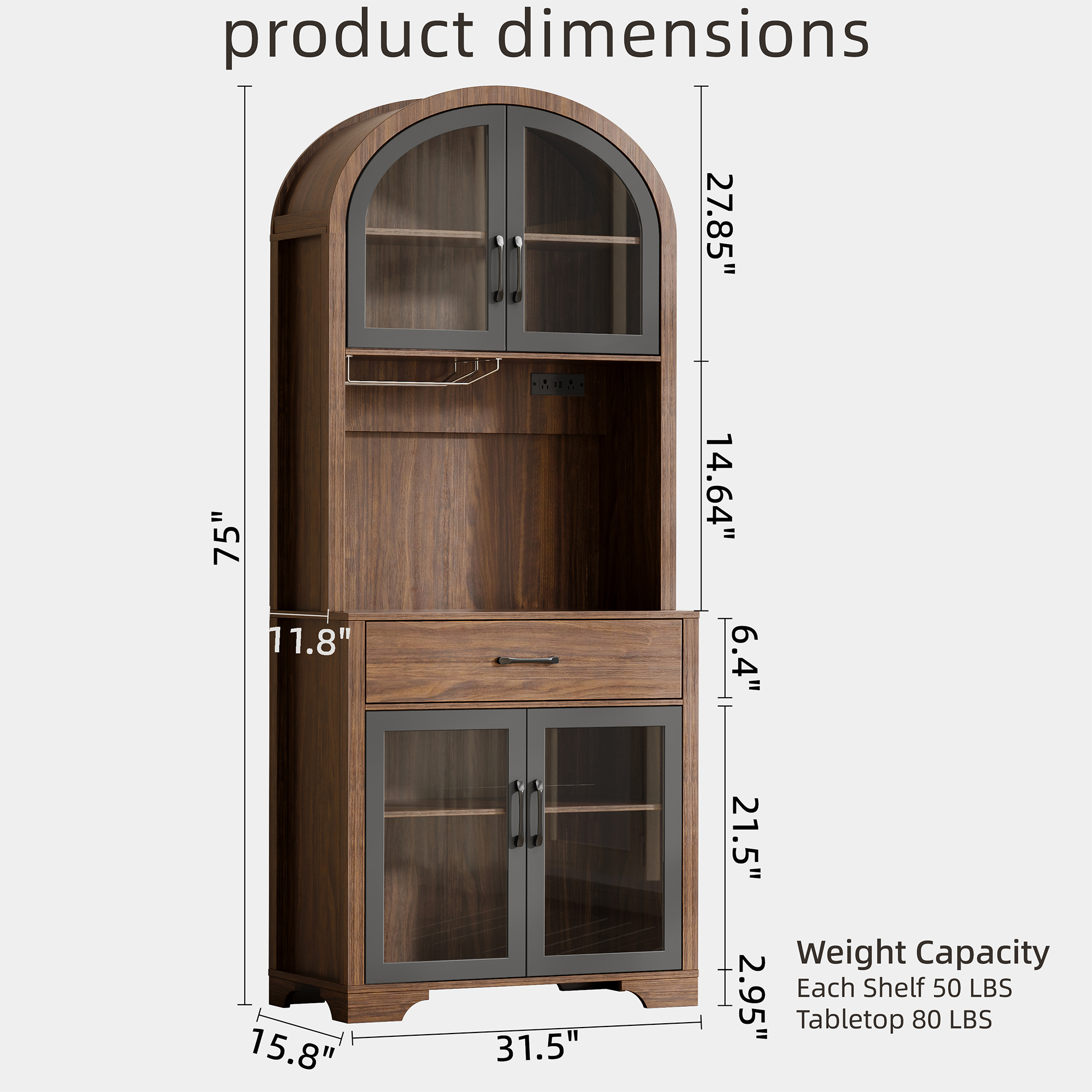 75" Tall Pantry Hutch with Charging Station and Microwave Stand, Kitchen Cabinets Hutch Cupboard for Kitchen, Dining Room, Walnut
