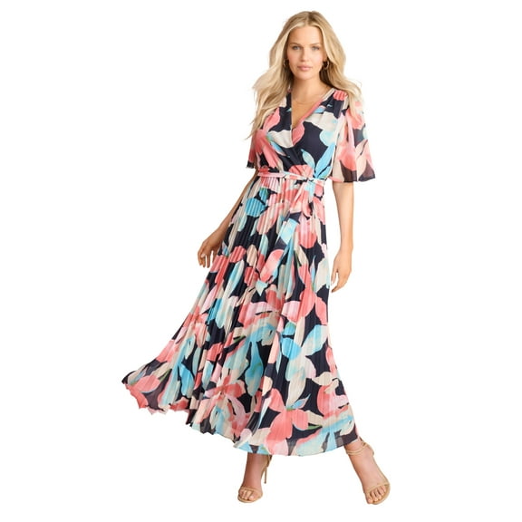 Roaman's Women's Plus Size Pleated Faux Wrap Dress