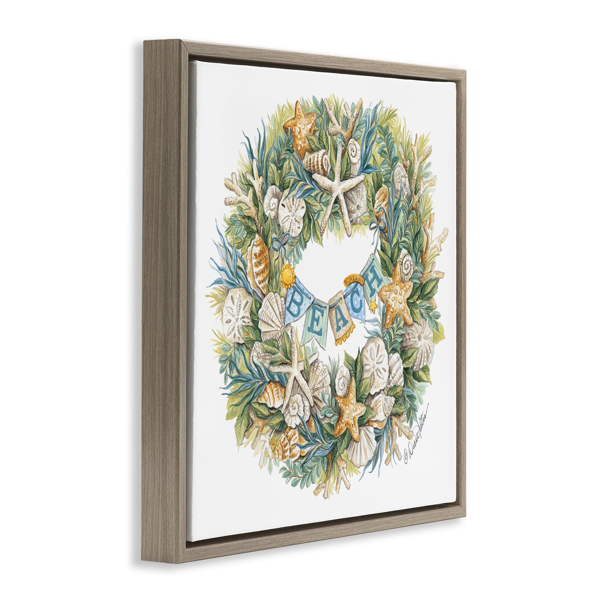 Stupell Industries Holiday Beach Seashell Wreath Holiday Painting Brown Floater Framed Canvas Art Print Wall Art, 25 x 25