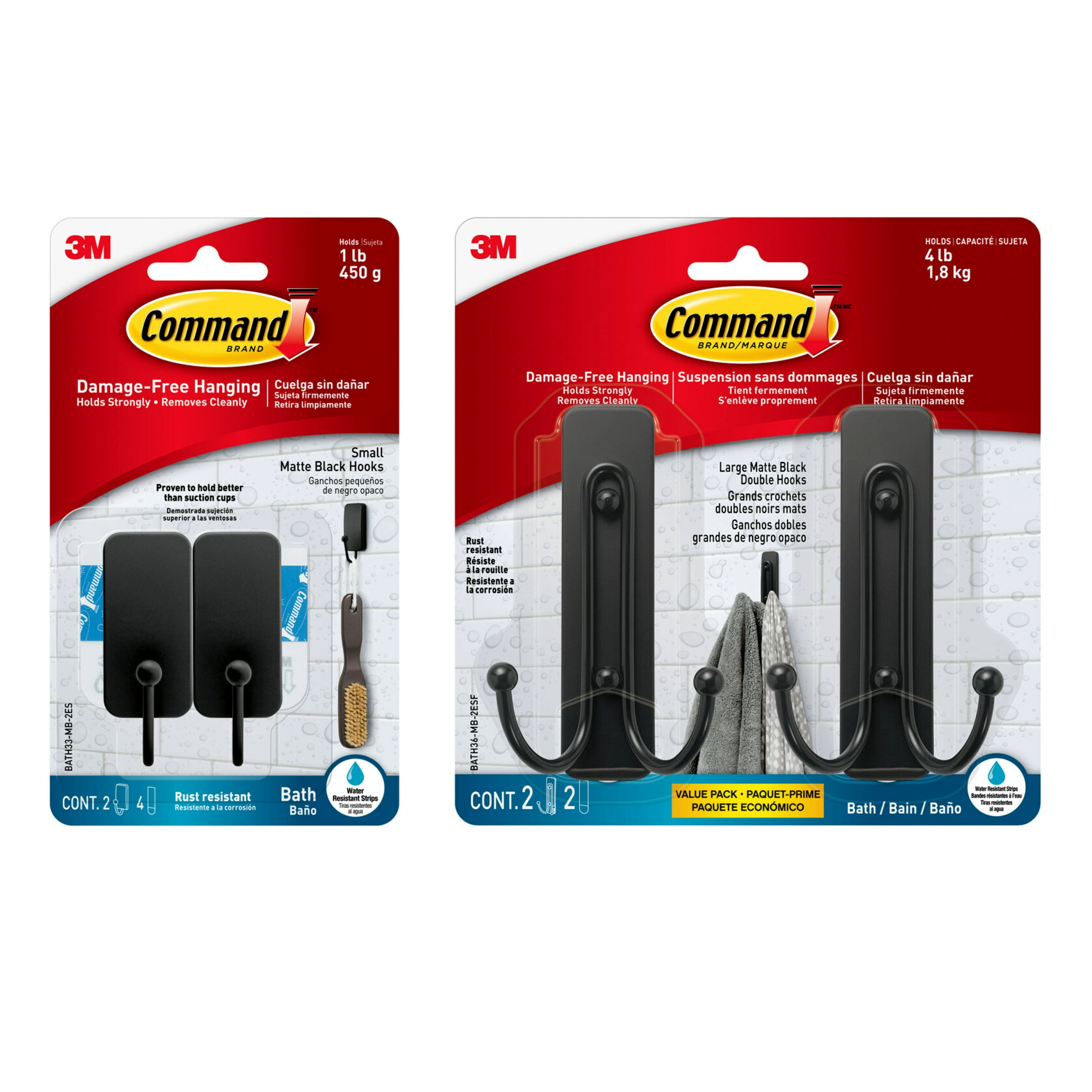 Command Bath Large Matte Black Double Hooks, 2 Double Hooks and Command Bath Hook, Small Matte