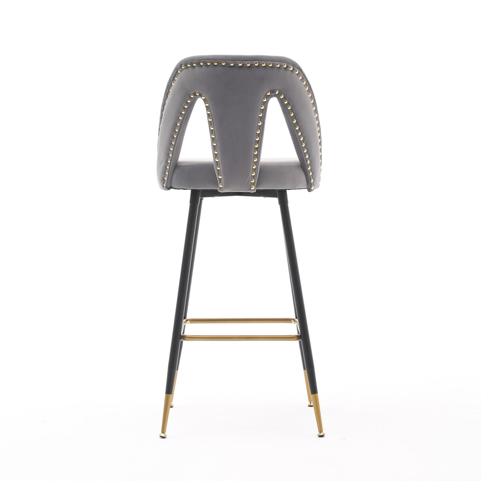 Kepooman 28" Bar Stools, Set of 2 Counter Height Stools Industrial Metal Barstools with Nailheads and Gold Tipped Black Metal Legs, Grey
