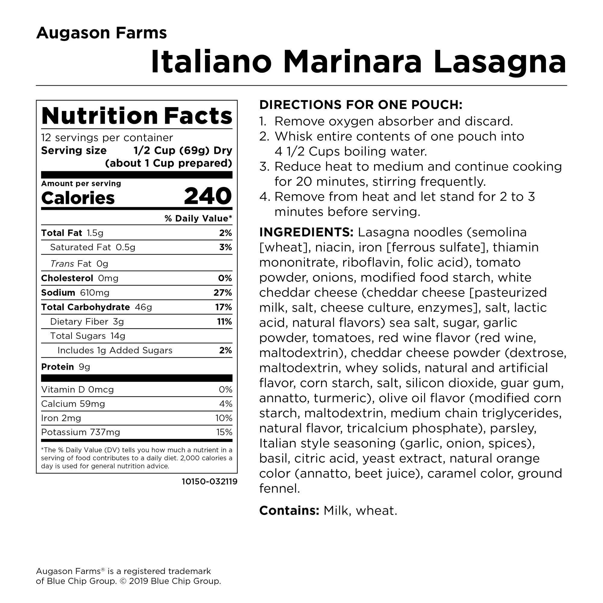 Augason Farms Italiano Marinara Lasagna SUPER CAN ( 3 Pouches )