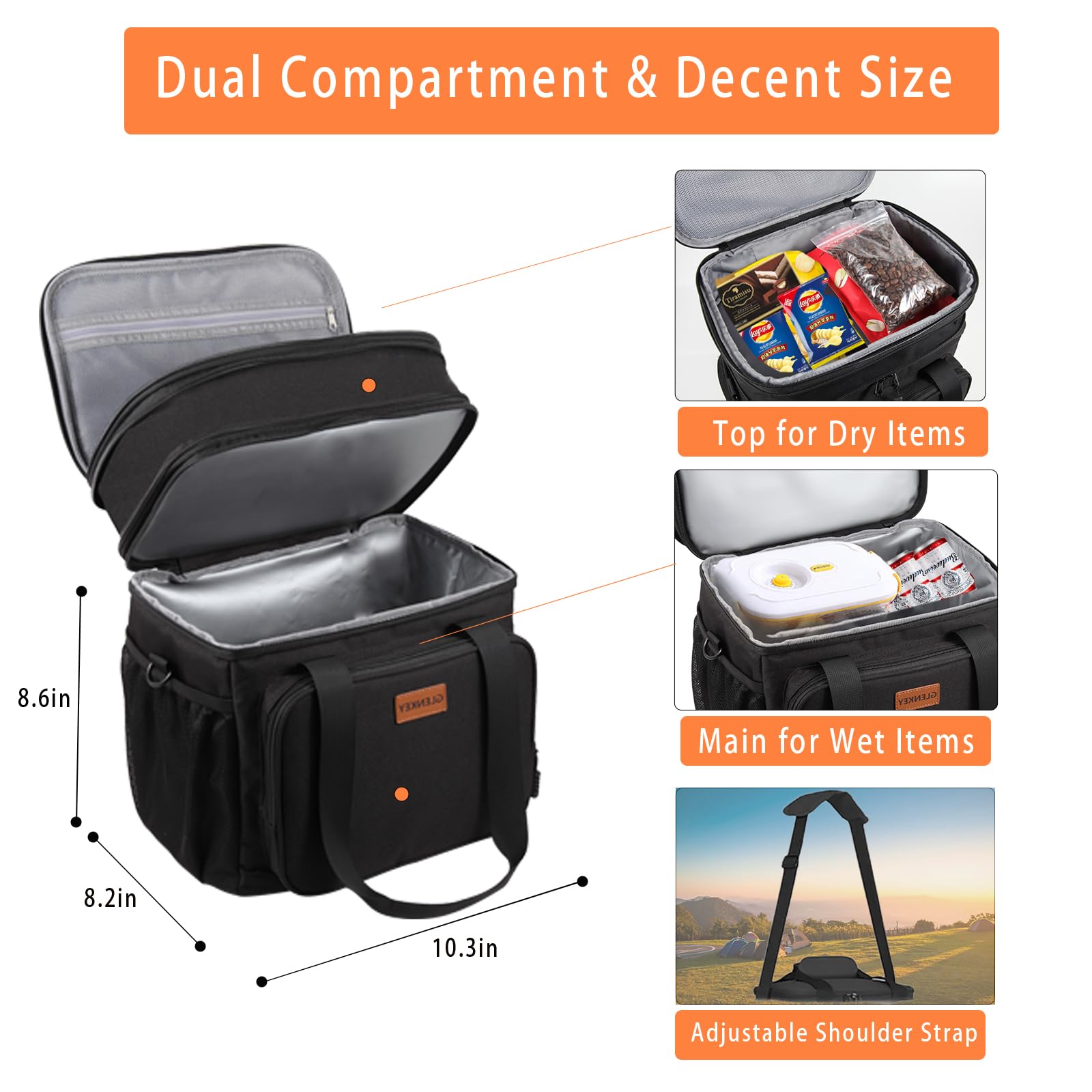 Expandable Insulated Large Lunch Box  Double Deck Heavy Duty Durable Bag Leakproof Cooler Bags For Men Women Adults Work Shift Flight Beach Daytrip 20 Can Black