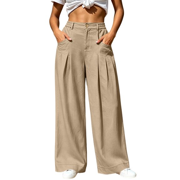 Ozmmyan Wide Leg Pants for Womens High Elastic Waisted Pants for Womens Ruched Button Front Casual Winter Trousers with Side Pockets Solid Color