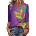 thumbnail image 2 of Mardi Gras Shirts for Women Mask Print Glitter 3/4 Sleeve Tops Sparkly V Neck Purple T Shirts Dark Purple L, 2 of 5