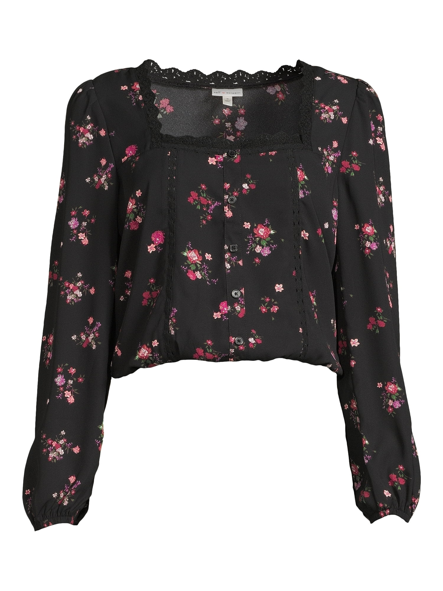 Self Esteem Juniors Square Neck Lace Trim Top with Long Sleeves, Sizes S-XL