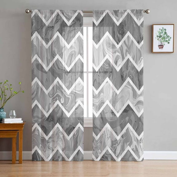 Grey Marble Semi Sheer Curtains 96 Inch Length 2 Panels Set, Modern Abstract Art Aesthetics Geometric Sheer Kitchen Curtain Privacy Voile Window Curtain for Living Room Bedroom Rod Pocket Drapes