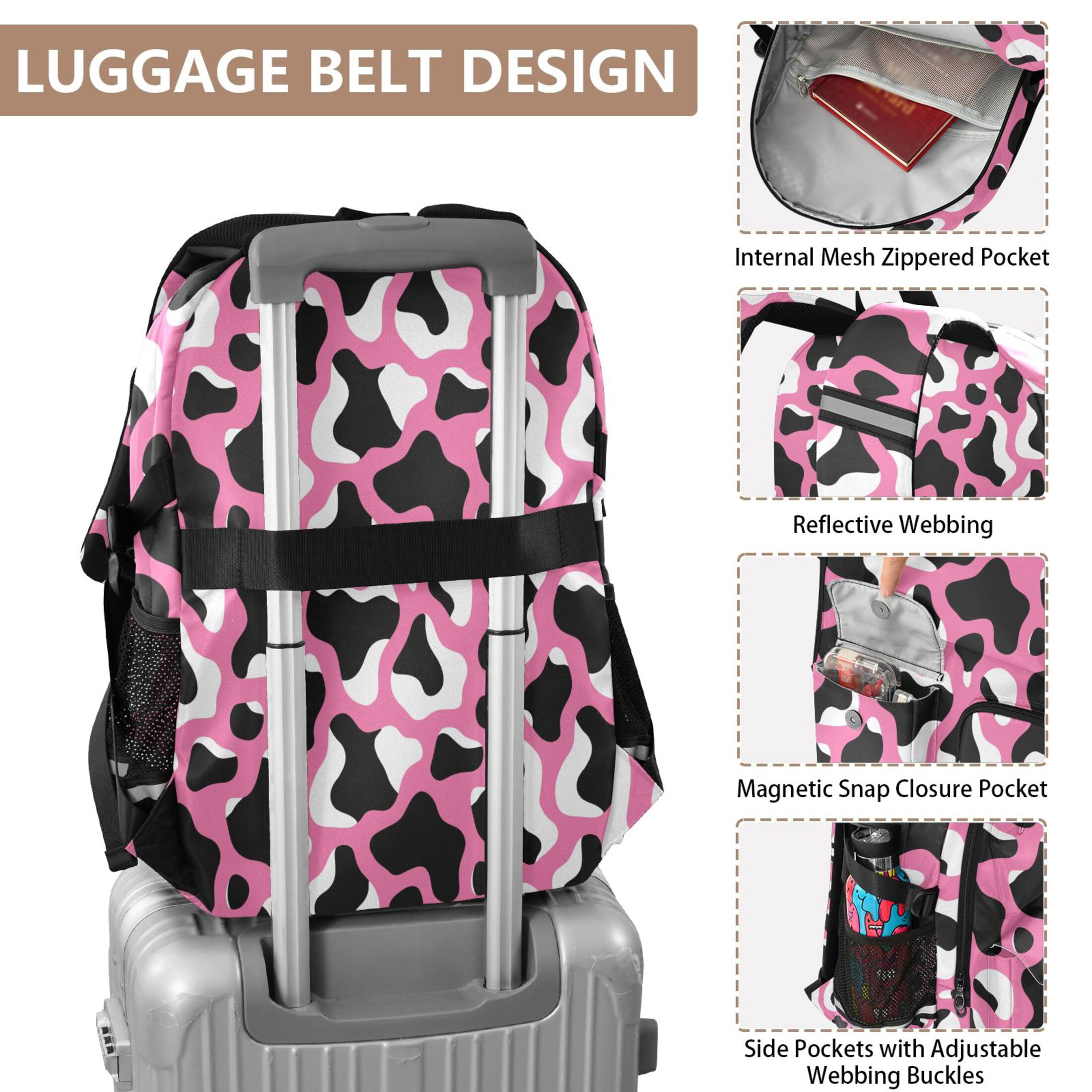 DIXRUYEE Pink Background Cow Print Pattern Backpack for School 14”Laptop Compatible with Reflective Safety Strips