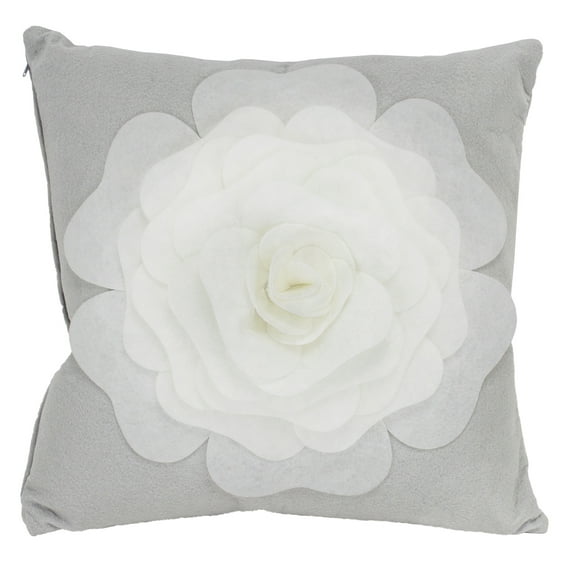 Fennco Styles Large Felt 3D Rose Decorative Throw Pillow Cover & Insert 17 x 17 Inch - Grey