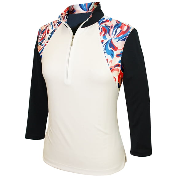 Monterey Club Women's Fountain Floral Print Block 3/4 Sleeve Zip Golf Polo Shirt #2347