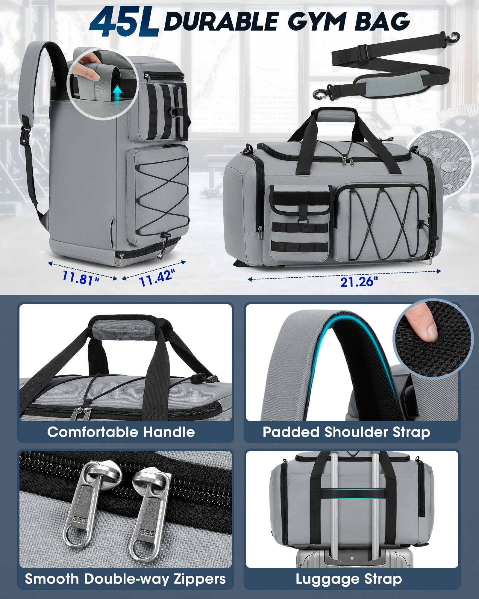 Gym Bag for Men 45L Sports Duffel Bags 3-in-1 Travel Duffel Bag with Shoe Compartment,Gym Workout Backpack Weekender Bag Overnight Bag for Travel, Grey