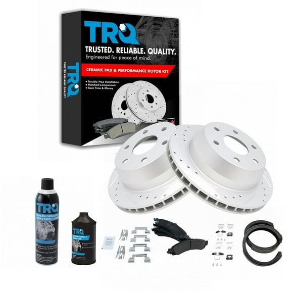 TRQ Rear Brake Performance Rotor & Ceramic Pad with Parking Shoes w/Chemicals BKA21804 Fits select: 2002-2007 CHEVROLET SILVERADO, 2000-2006 CHEVROLET TAHOE