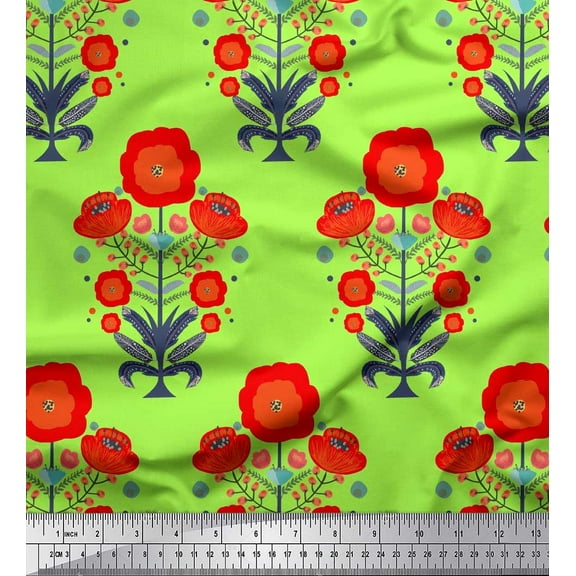 Soimoi Green Cotton Duck Fabric Leaves & Poppy Floral Print Fabric by the Yard 42 Inch Wide