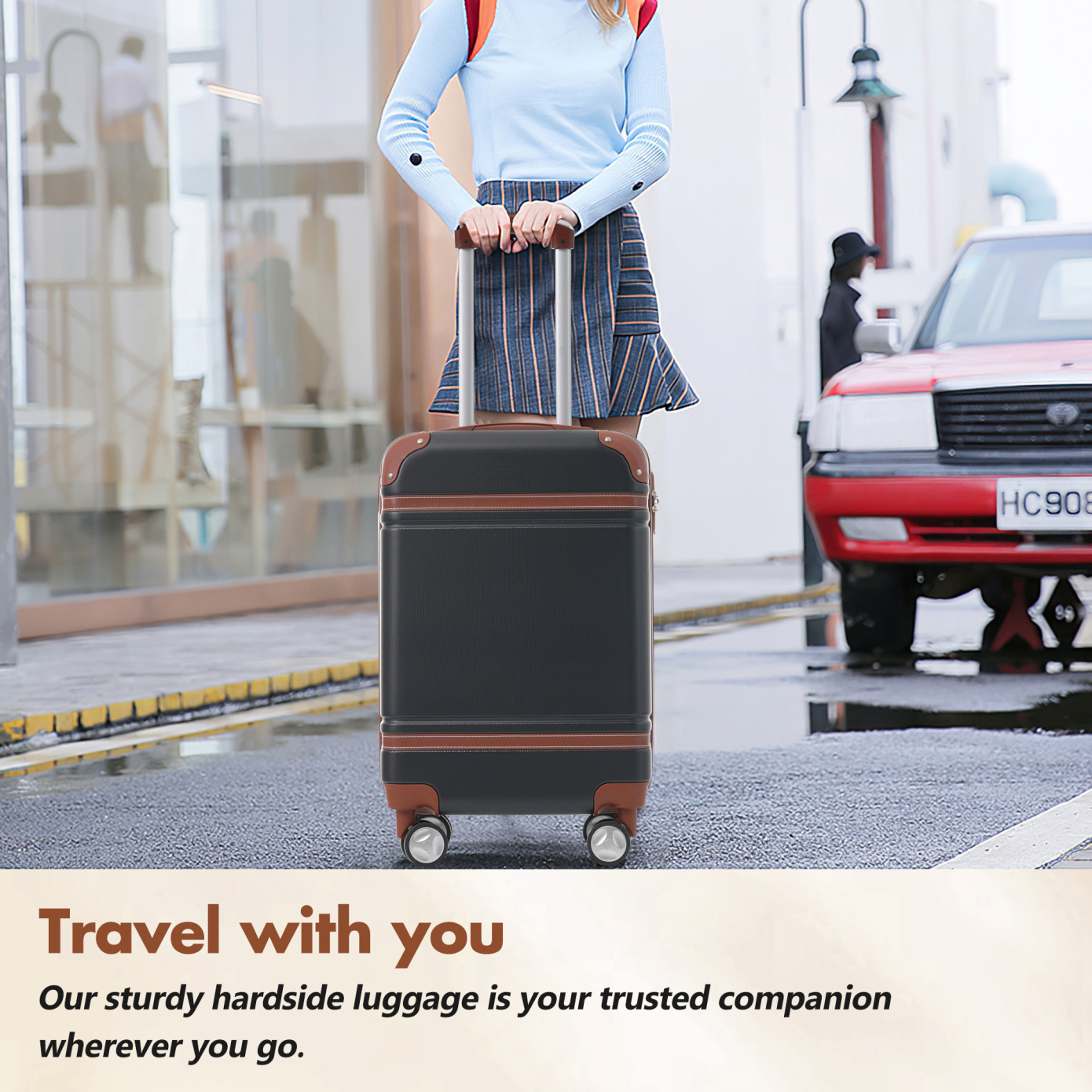 Hardshell Luggage Sets 3 Piece with Telescopic Handle, 24" Lightweight Suitcase with Double Spinner Wheels and Lock, Vintage Luggage for Travel, Black