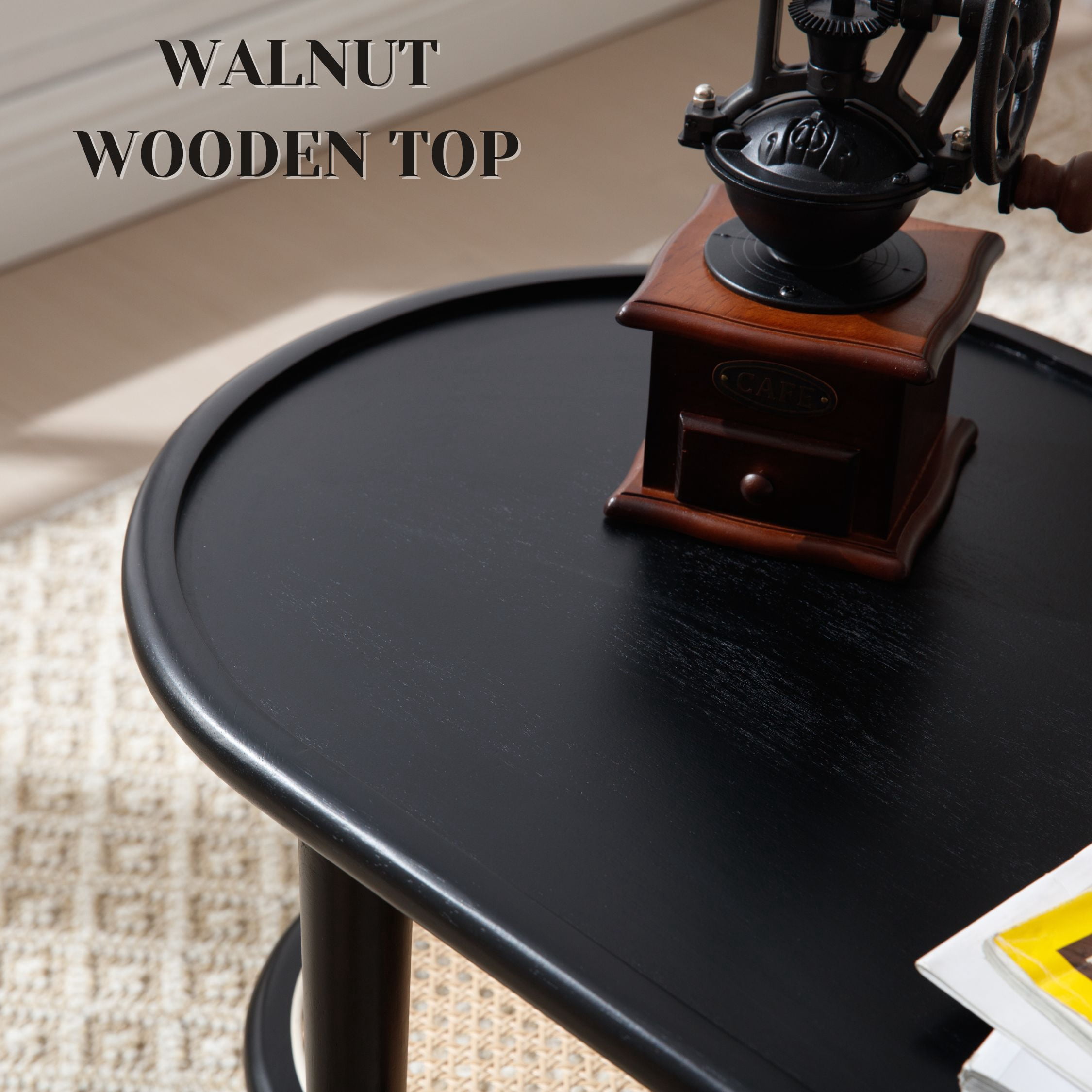 Dayalane Black Rattan Coffee Table,Mid-Century Modern 2-Tier Center Table with Storage Shelf Wooden Top for Living Room, Bedroom or Small Spaces