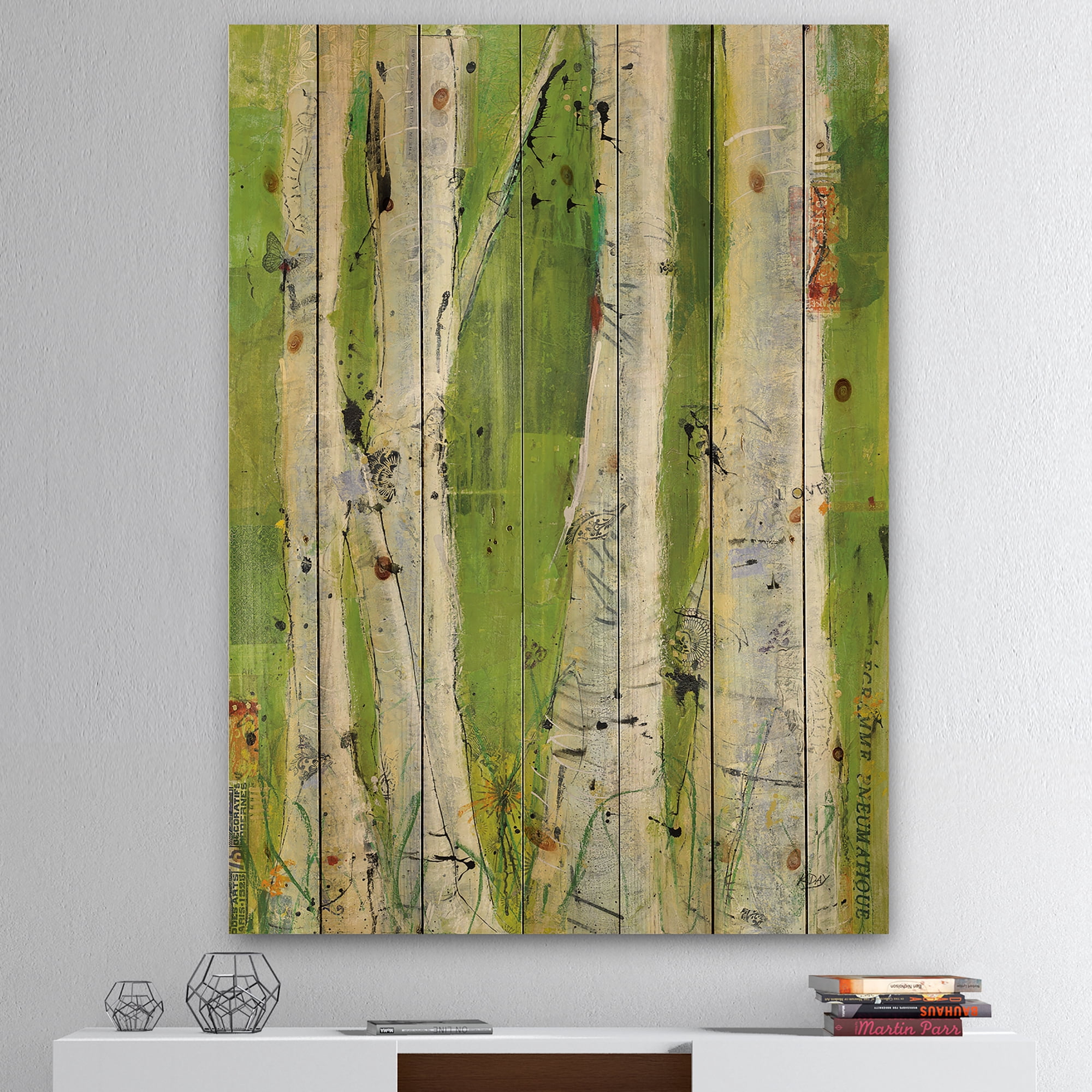 Designart 'Green Birch Forest Illustration' Traditional Print on Natural Pine Wood