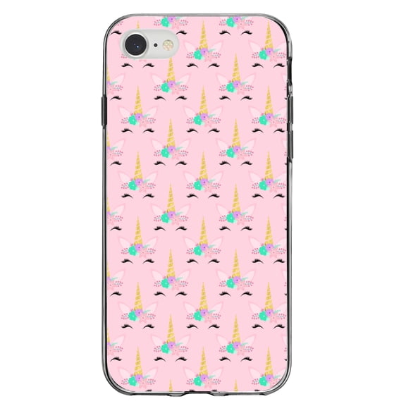 DistinctInk Clear Shockproof Hybrid Case for iPhone 7 8 SE (2020 Model) 4.7" Screen TPU Bumper Acrylic Back Tempered Glass Screen Protector - Pastel Unicorn Pattern - Pink Purple Black