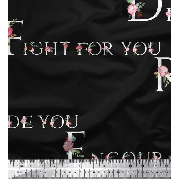 Soimoi Black Cotton Voile Fabric Floral Quotes Text Printed Craft Fabric by the Yard 42 Inch Wide