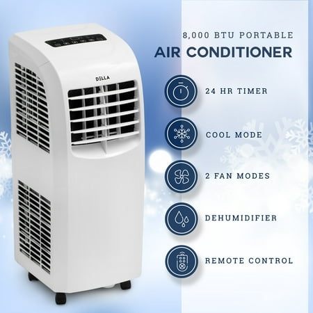 DELLA 8000 BTU Portable Air Conditioner Fan 70 Pint/Day Dehumidifier Timer Rooms Up to 350 Sq.Ft Window Kit