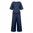 thumbnail image 6 of Pimfylm Linen Sets for Women 2 Piece Women's Boat Neck 1/2 Sleeve Shirts Wide Leg Breathable Cotton Pants Suits with Pockets Dark Blue, L, 6 of 6