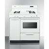 36" wide gas range in white with open burners, storage compartment, oven window, high backguard, and spark ignition