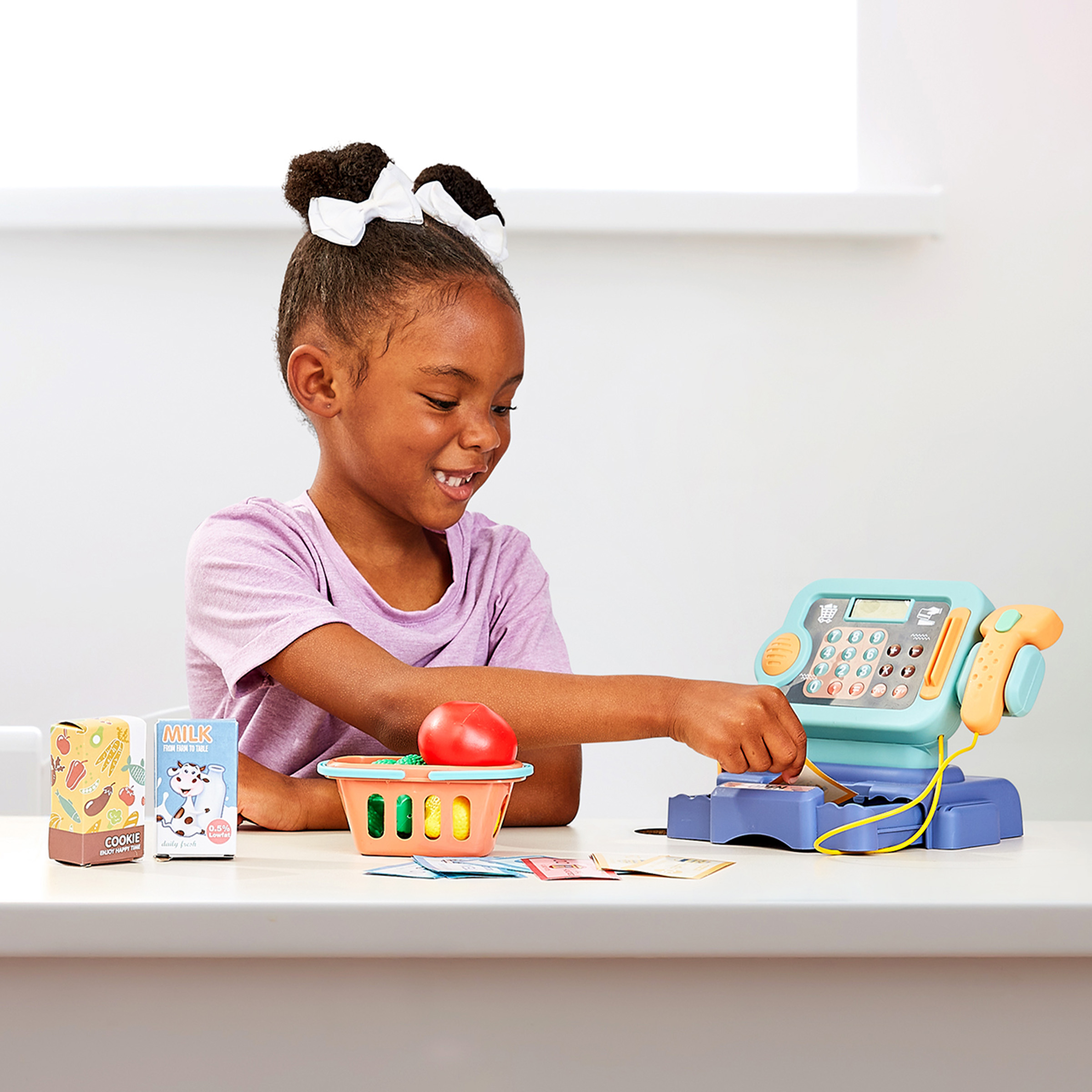 Cash Register for Kids – 30-Piece Set for Grocery Store Pretend Play with Shopping Basket, Toy Money, and Working Calculator by Hey Play (Blue)