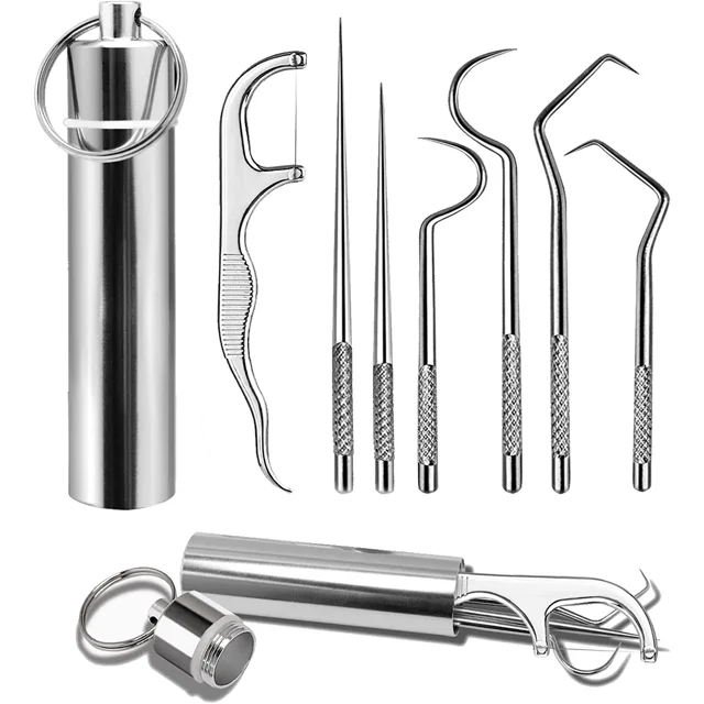 Juego de 7 palillos de dientes portátiles de acero inoxidable, kit de limpieza de palillos de dientes de metal reutilizable con soporte para picnic al aire libre, camping, viajes