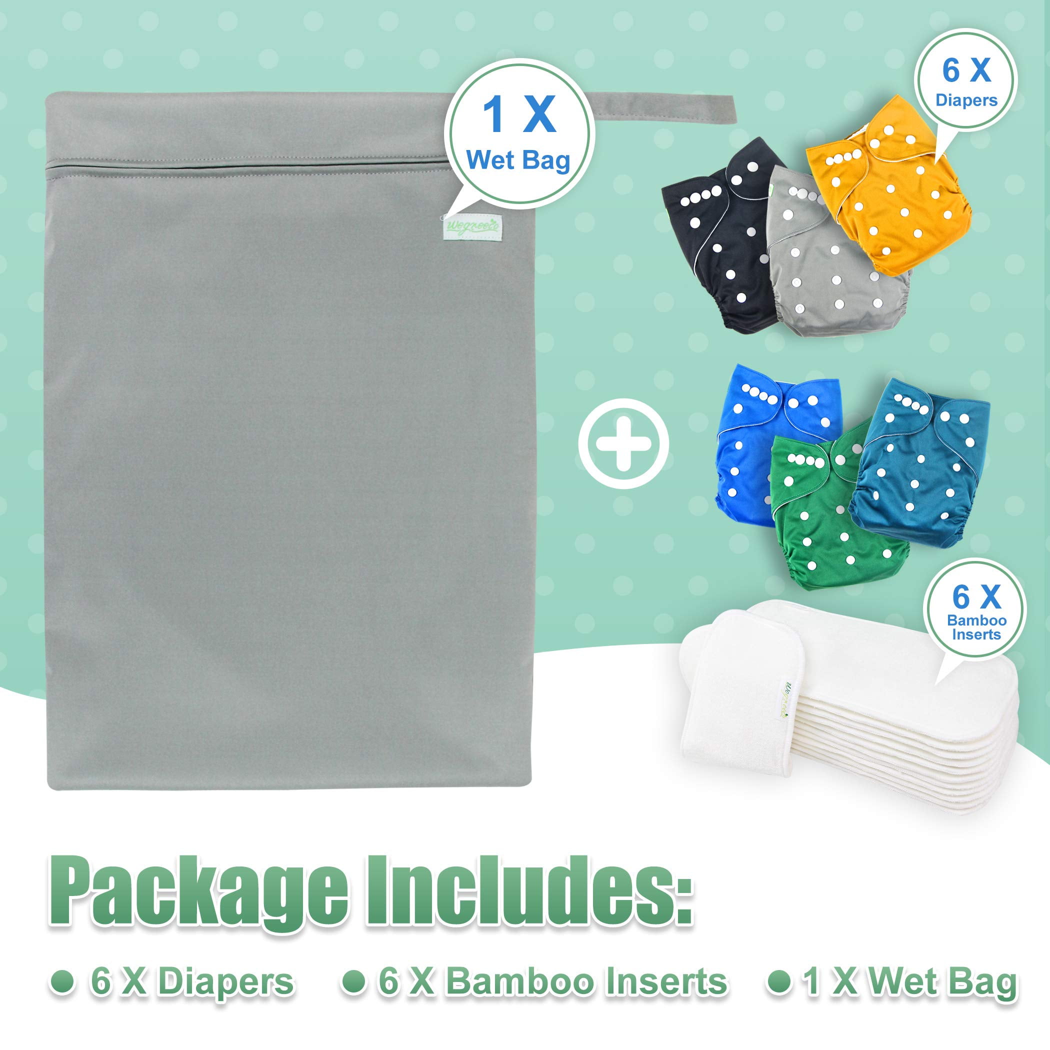 Wegreeco Washable Reusable Baby Cloth Pocket Diapers 6 Pack + 6 Bamboo Inserts (with 1 Wet Bag, Boy Prints 02)