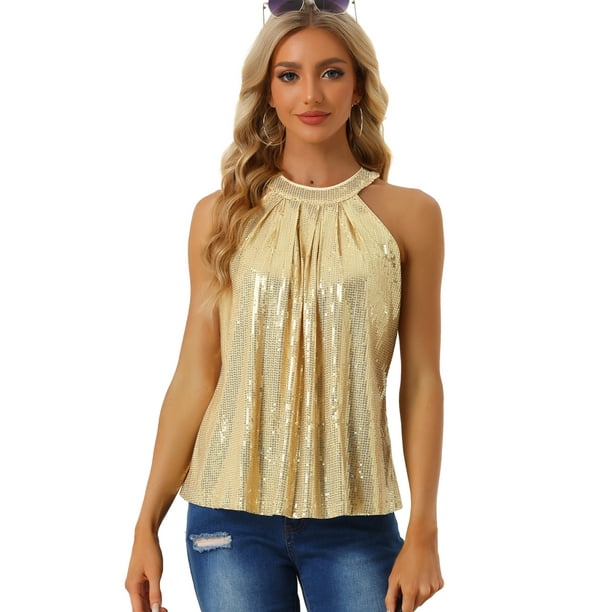 Camiseta sin Mangas con Tirantes para Mujer para Fiesta Club Cóctel Camiseta Brillante con Lentejuelas Oro XL