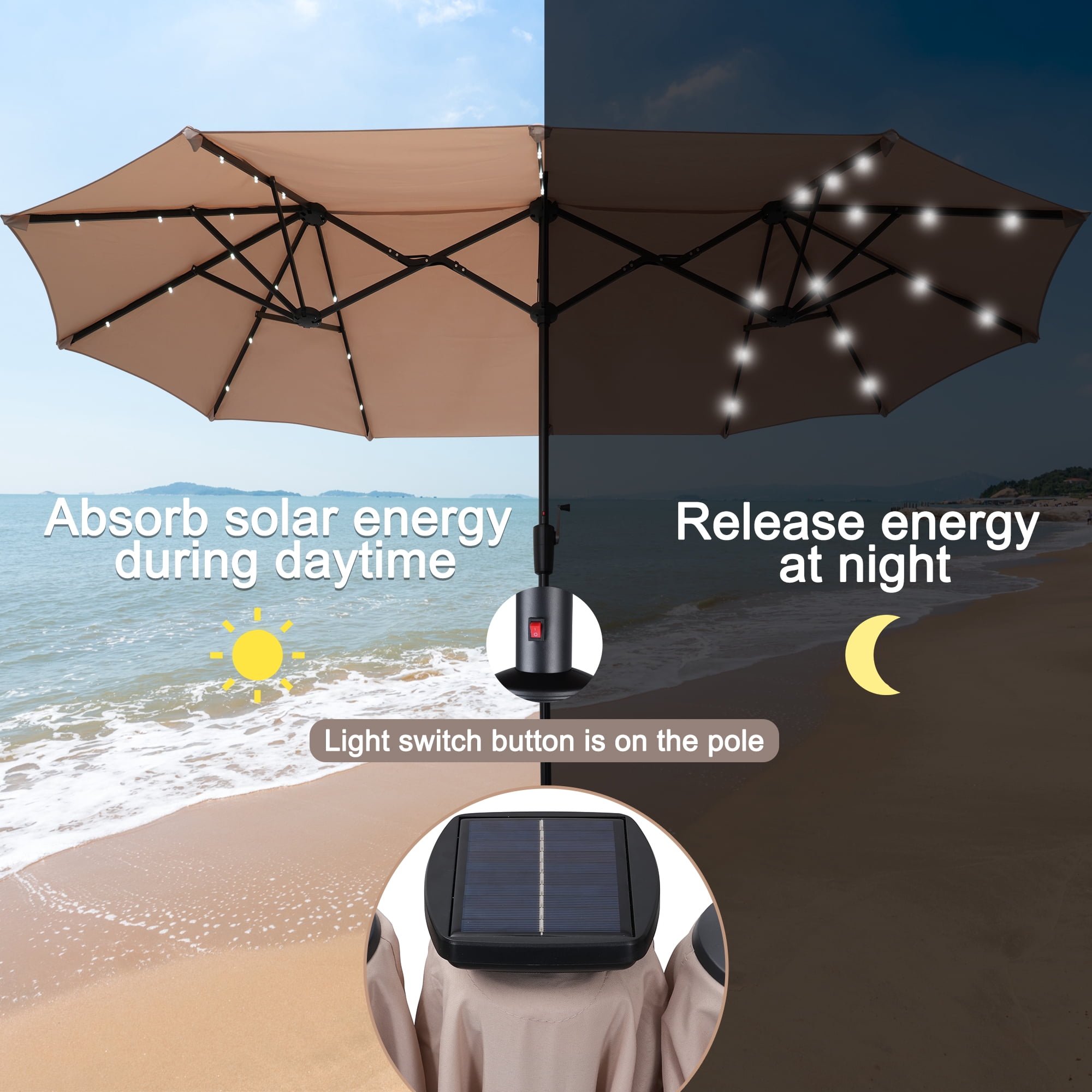 Autlaycil 13ft Rectangle Patio Umbrella with 36 Solar Lights for Pool, Yard, Market, Graden - Beige