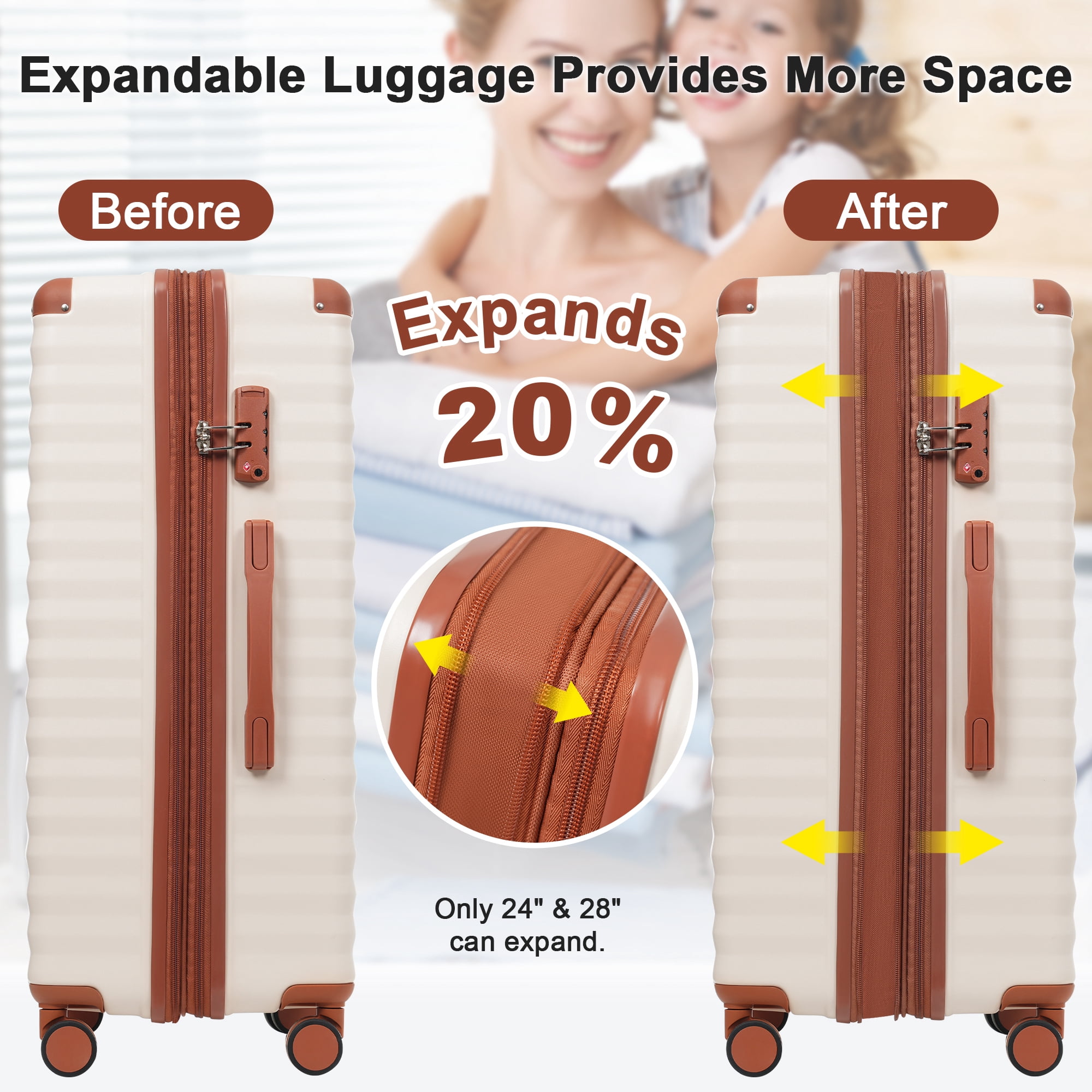 Euroco 5 Piece Luggage Sets Front Opening,Expandable Hardshell Suitcase with Spinner Wheels,2 Bags and TSA Lock,Lightweight Carry on Luggage with USB Port and Cup Holder(20"/24"/28"),White
