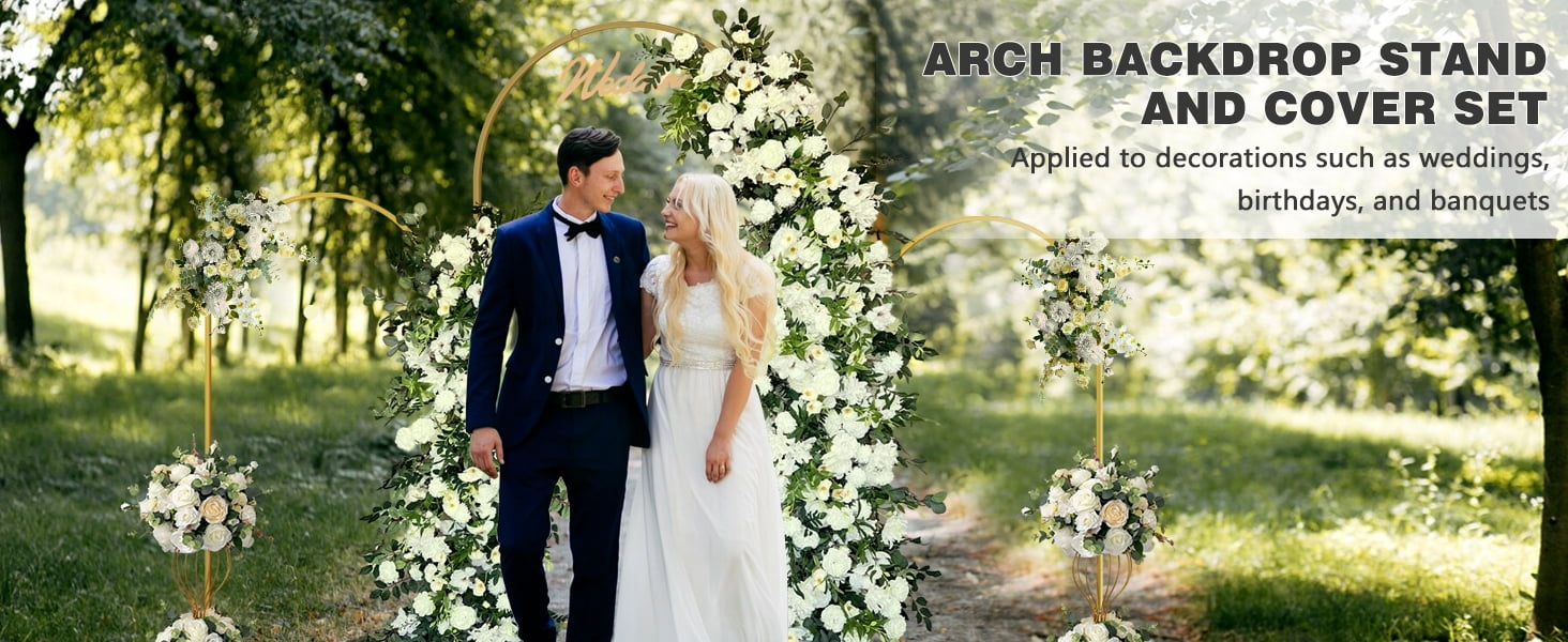 Sunifier Arch Backdrop Stand and Cover Set, 2 Metal Balloon Arch Backdrop 7.2ft 6ft, Gold Arched Stand Frame for Wedding, Parties,Birthday,Decorations (Beige,7.2ft+6ft)