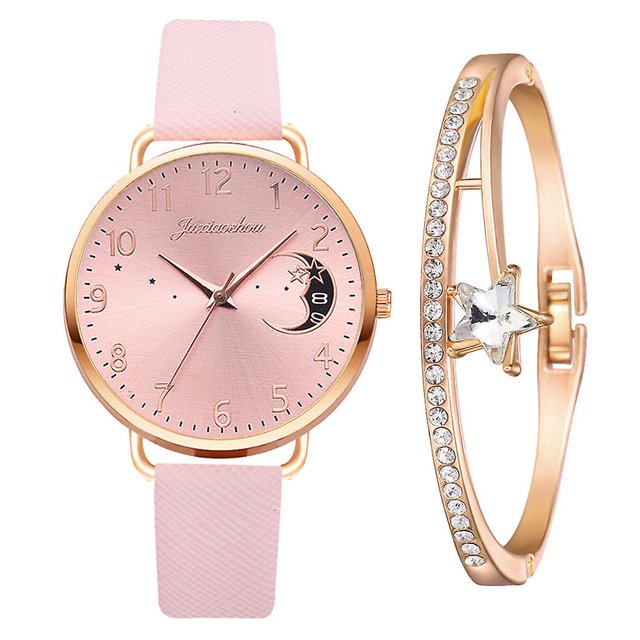Montre Bracelet Femme Quartz avec Cadran Motif Lune et Calendrier