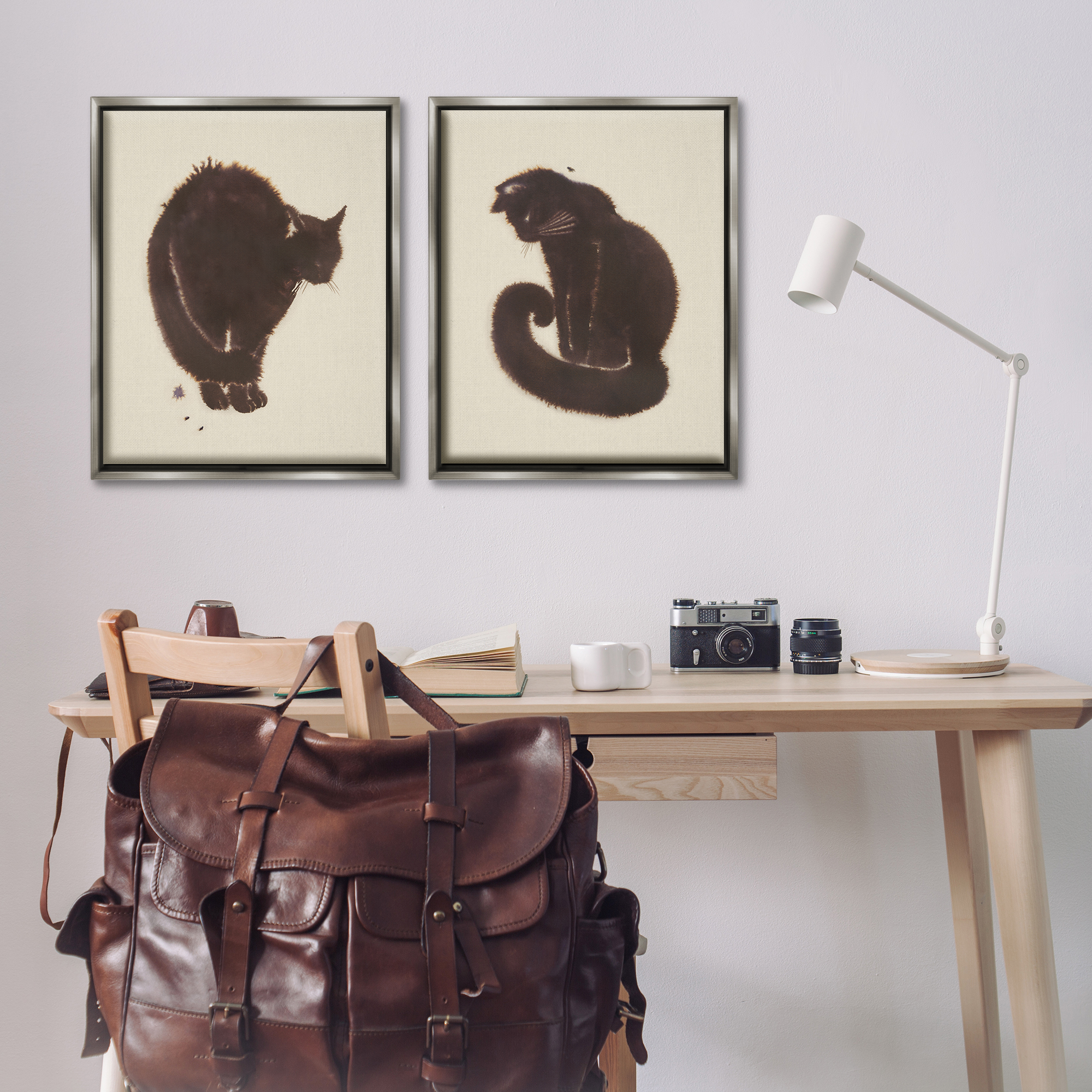 Stupell Industries Simple Cats on Beige Animals Painting Gray Floater Framed Canvas Art Print Wall Art, 31 x 25, Set of 2