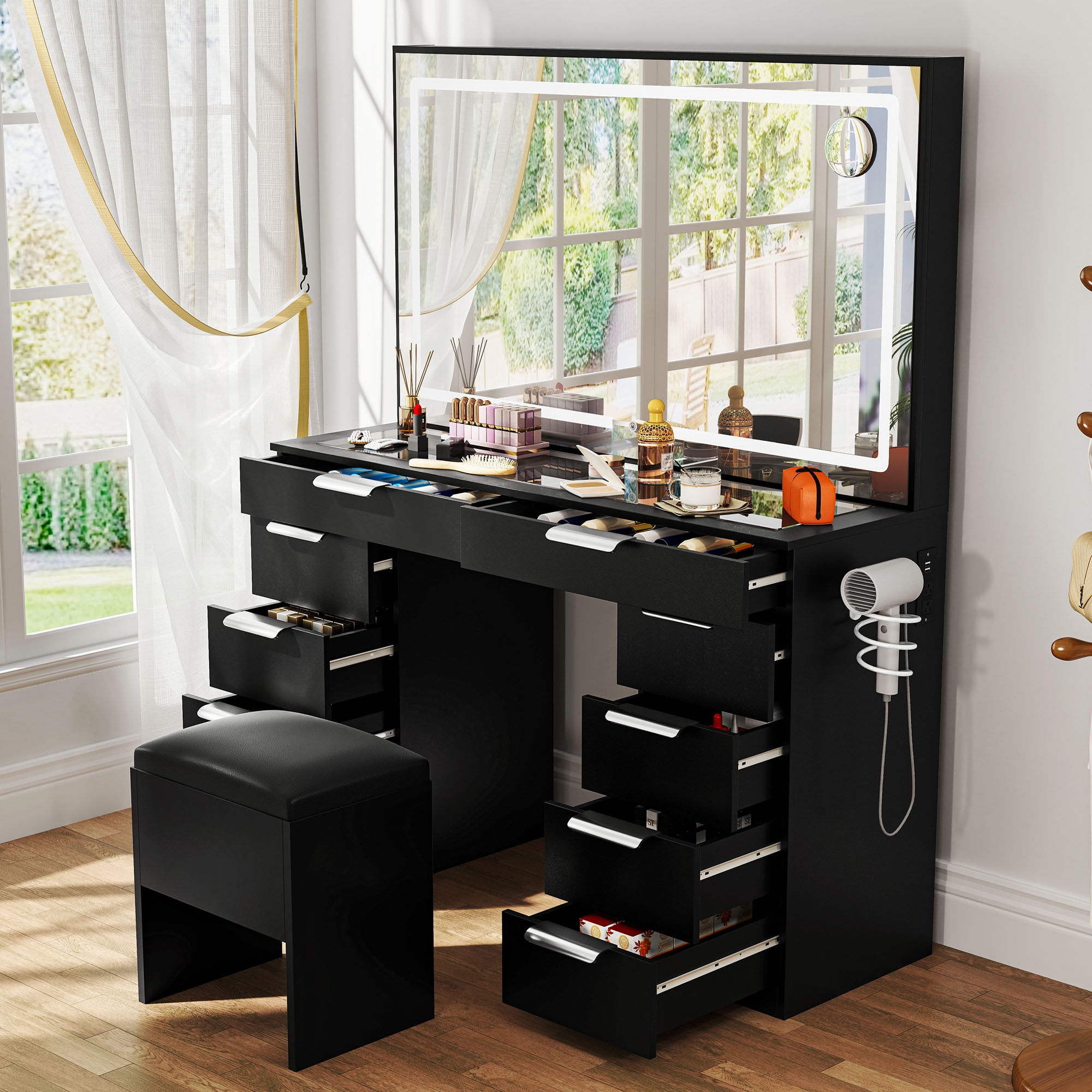 Uforic 10-Drawer Makeup Vanity Dressers with Light Strip and Extra-Large Mirror, Storage Bench, Black
