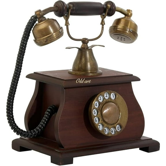 Decor Antique Vintage Style Rotary Dial Telephone with a Decorative Wood Base, Finished in Brown and Antique, Non-Functional