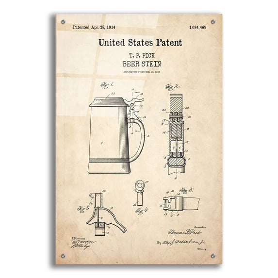 Epic Art 'Beer Stein Blueprint Patent Parchment,' Acrylic Glass Wall Art, 24"x36"