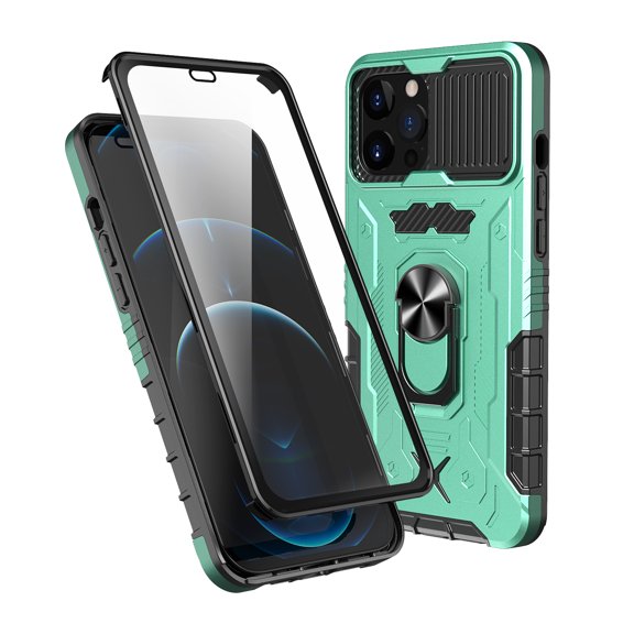 Cover Case for iphone 14 Pro Max 6.7-inch,Built-in Tempered Glass Screen Protector Case Shockproof Rubber Ring Stand Slide Camera Cover,Mint