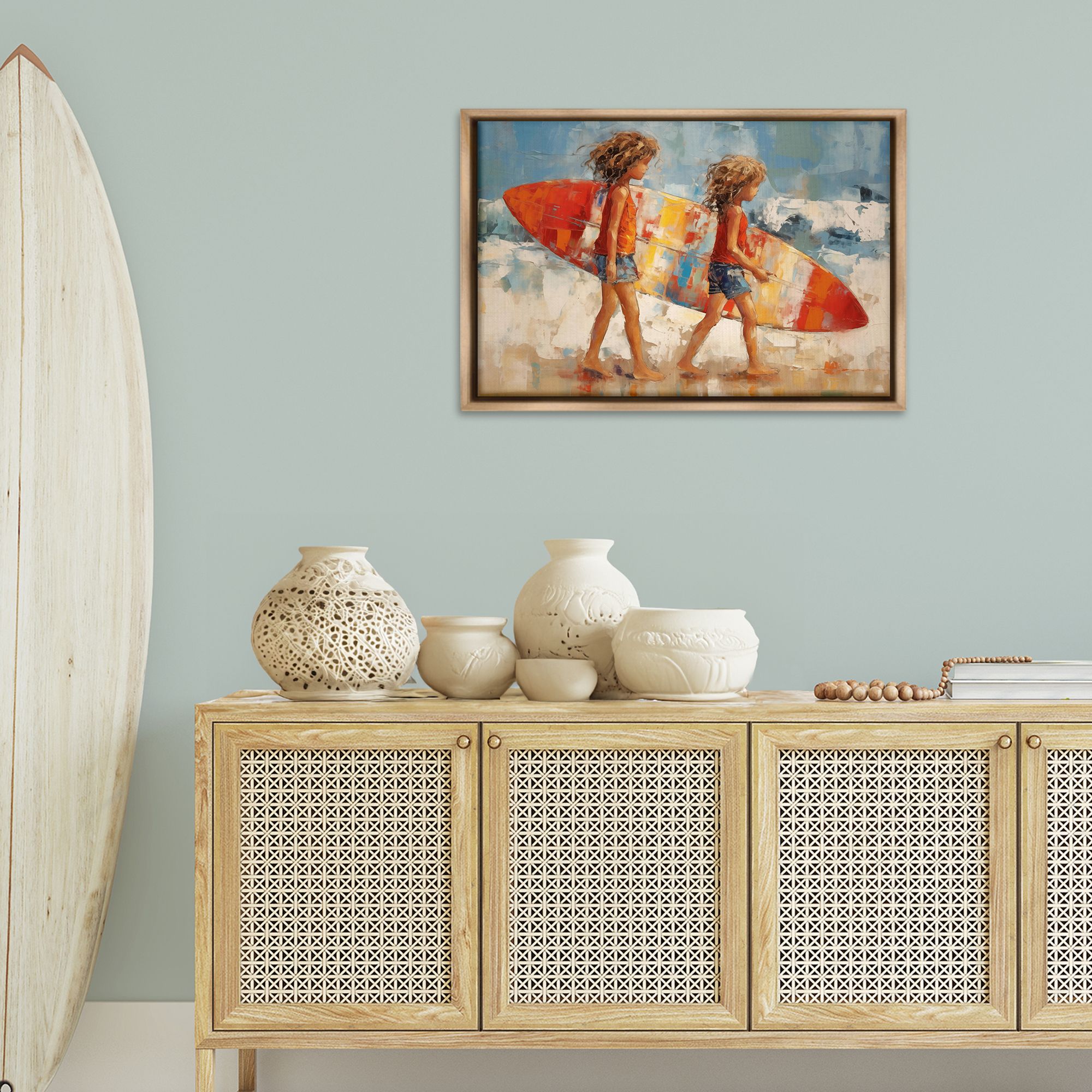 Stupell Industries Kids with Surfboard Sports Painting Brown Floater Framed Canvas Art Print Wall Art, 31 x 21