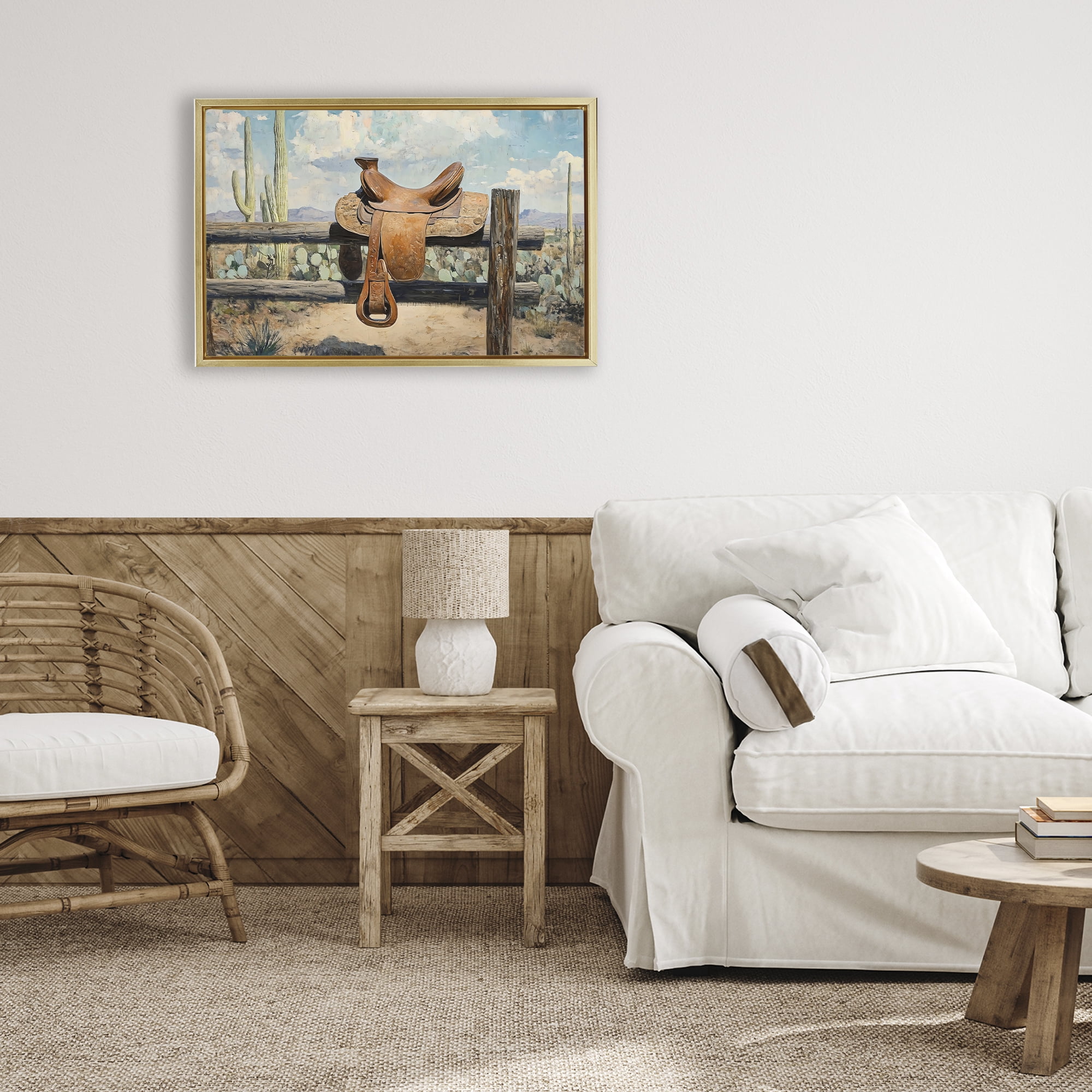 Stupell Industries Saddle on Desert Fence Gold Framed Floater Canvas Wall Art, design by Franklyn Gregory