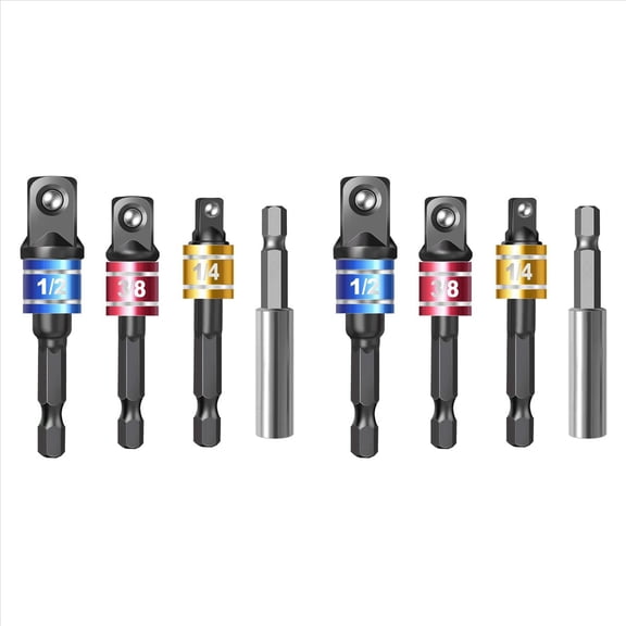 8 Pieces Impact Driver Socket Adapter Set for 1/4 Inch Hex Shank to Square Socket Turn Power Drill Into Nut Driver,Black & silver