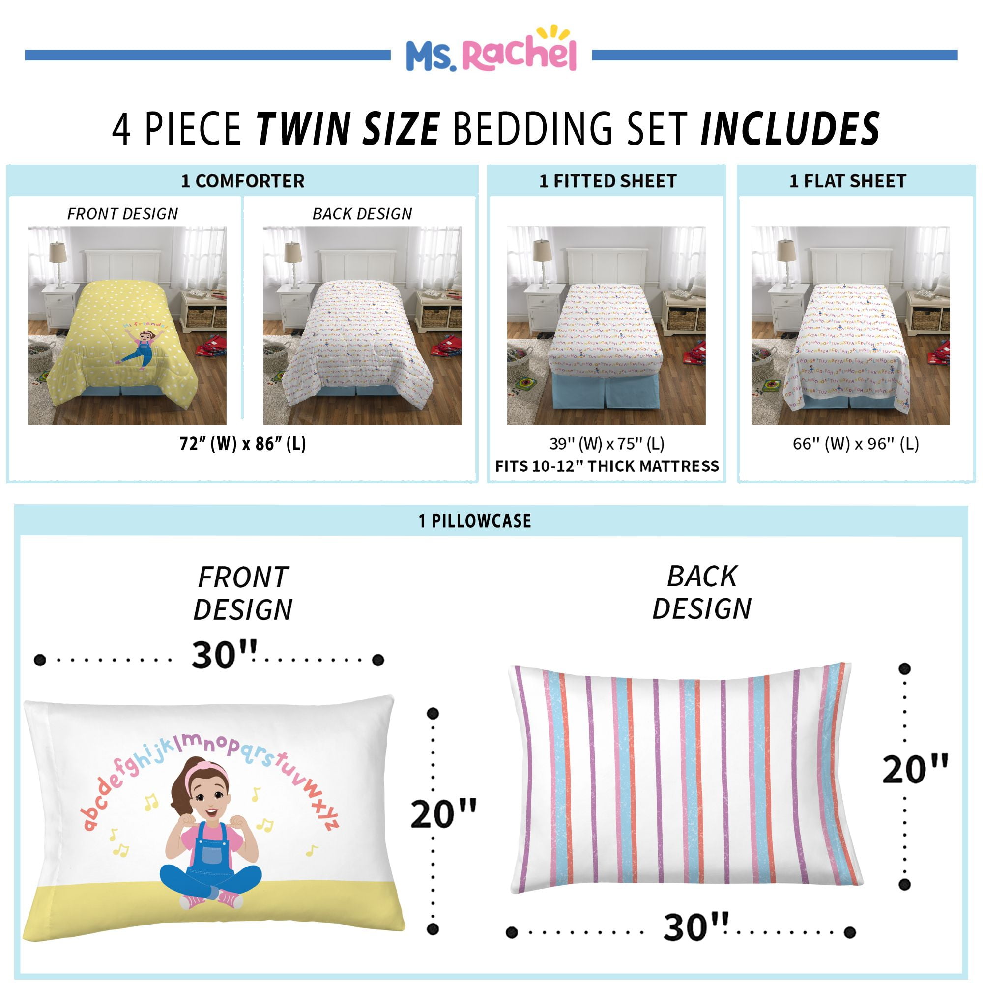 Ms. Rachel Kids 4 Piece Yellow White Polka Dot Reversible Comforter, Bed in a Bag, Twin