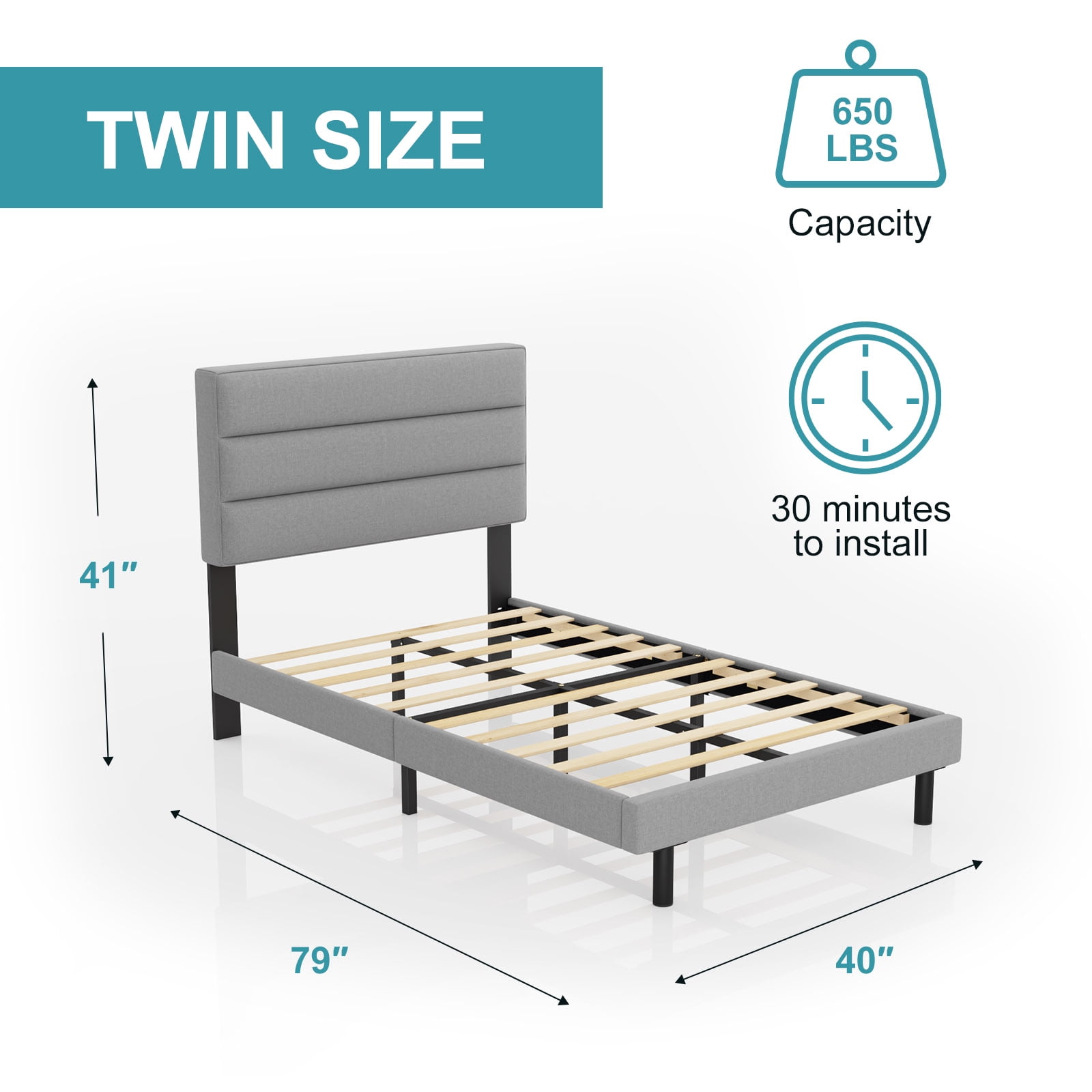 Twin Bed Frame, HAIIDE Twin Size Platform Bed with Wingback Fabric Upholstered Headboard, Light Gray