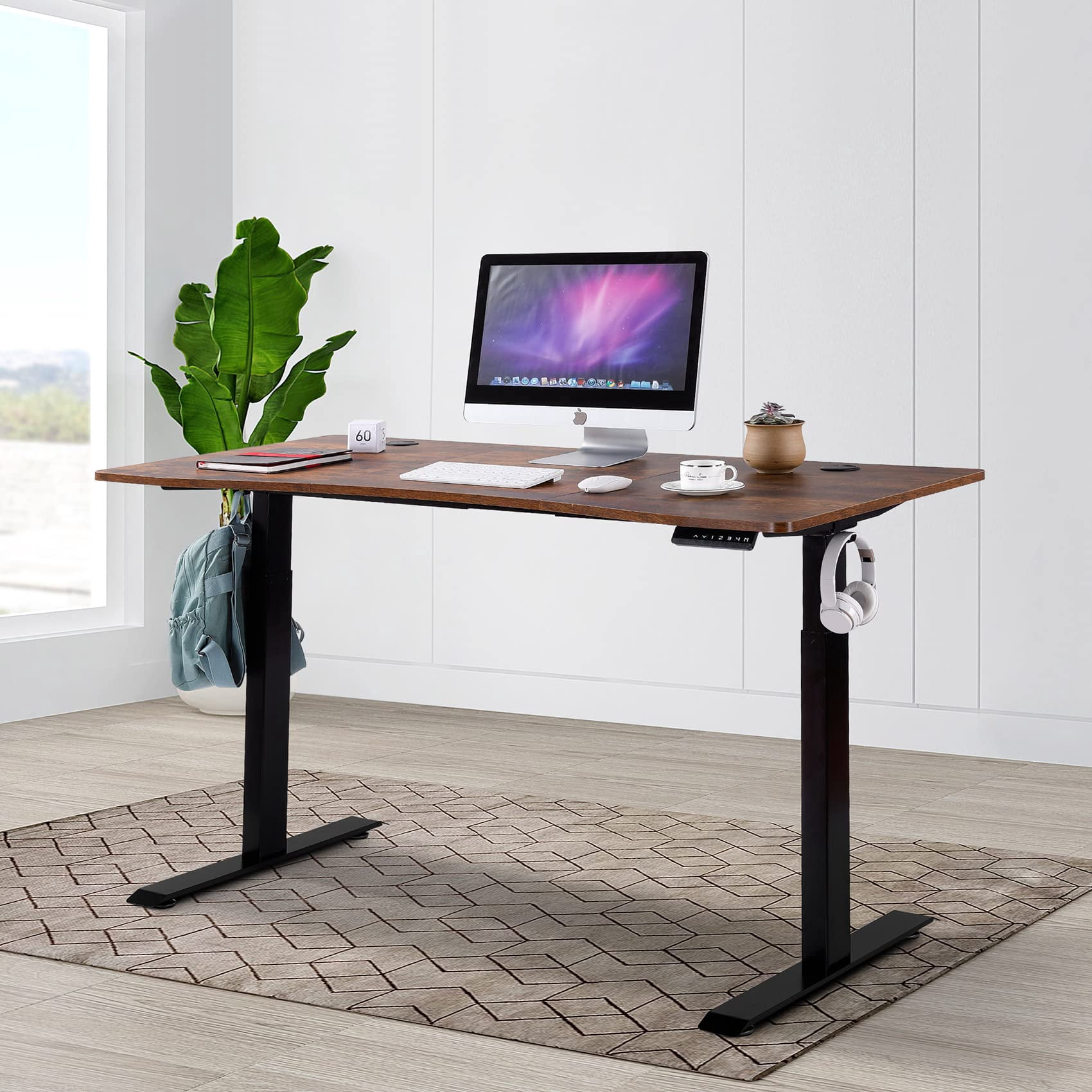 UNICOO® Dual Motor Electric Height Adjustable Standing Desk 59"x29.5" Inches, Home Office Computer Desk, Gaming Desk, with USB Charging and Hooks (Black Frame/Rustic Brown Top) XOT-D59-BR