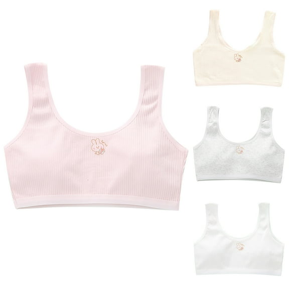 4PC Girls Training Bras Cute Sports Bra Ribbed Seamless Wirefree Everyday No-Padded Cotton Comfort Underwear Bralette, Multi-Pack, XL